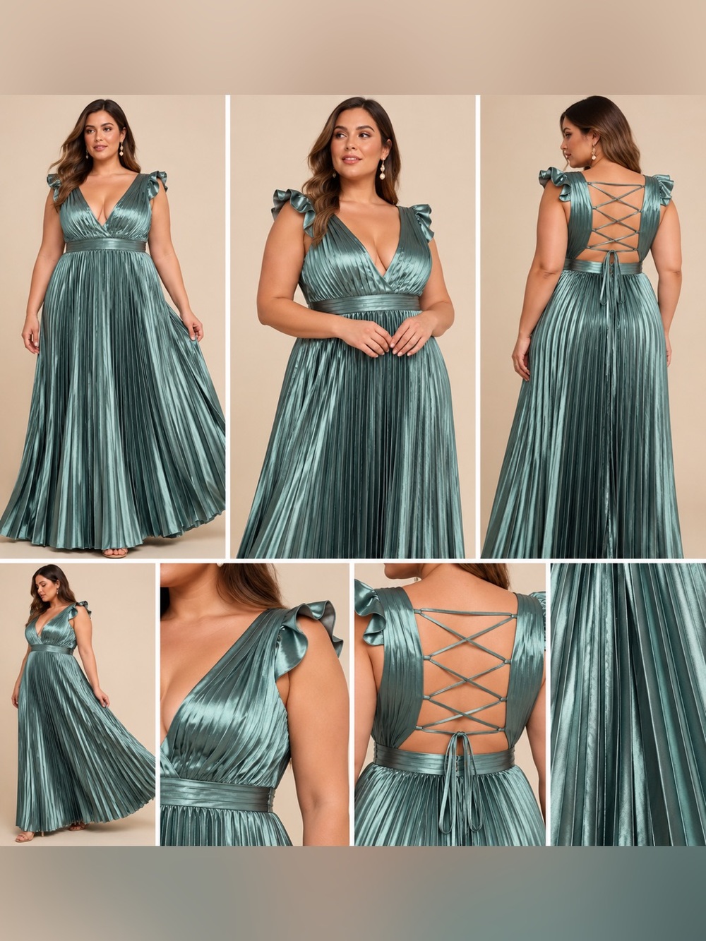 NWT Lulus Metallic Sage Pleated Maxi Gown Lace Up Back XL